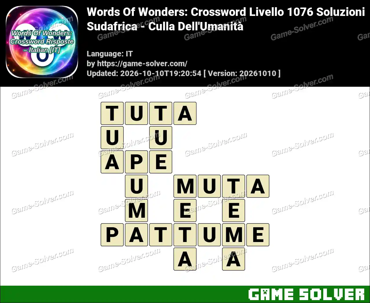 Words Of Wonders: Crossword Livello 1076 Soluzioni – Sudafrica – Culla Dell’Umanità